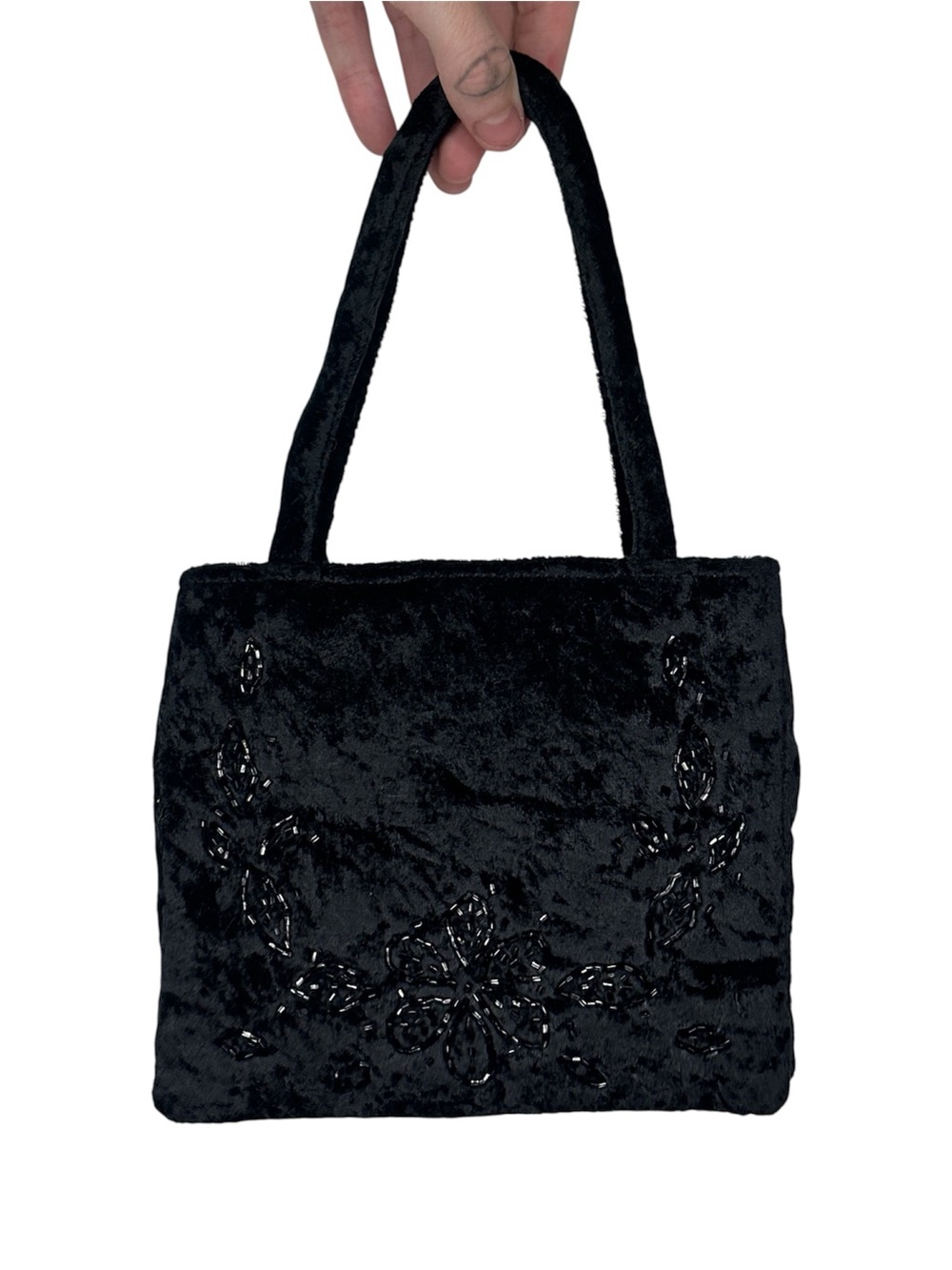 Vintage 1950s Black Suede Floral Hand Beaded Magid Handbag